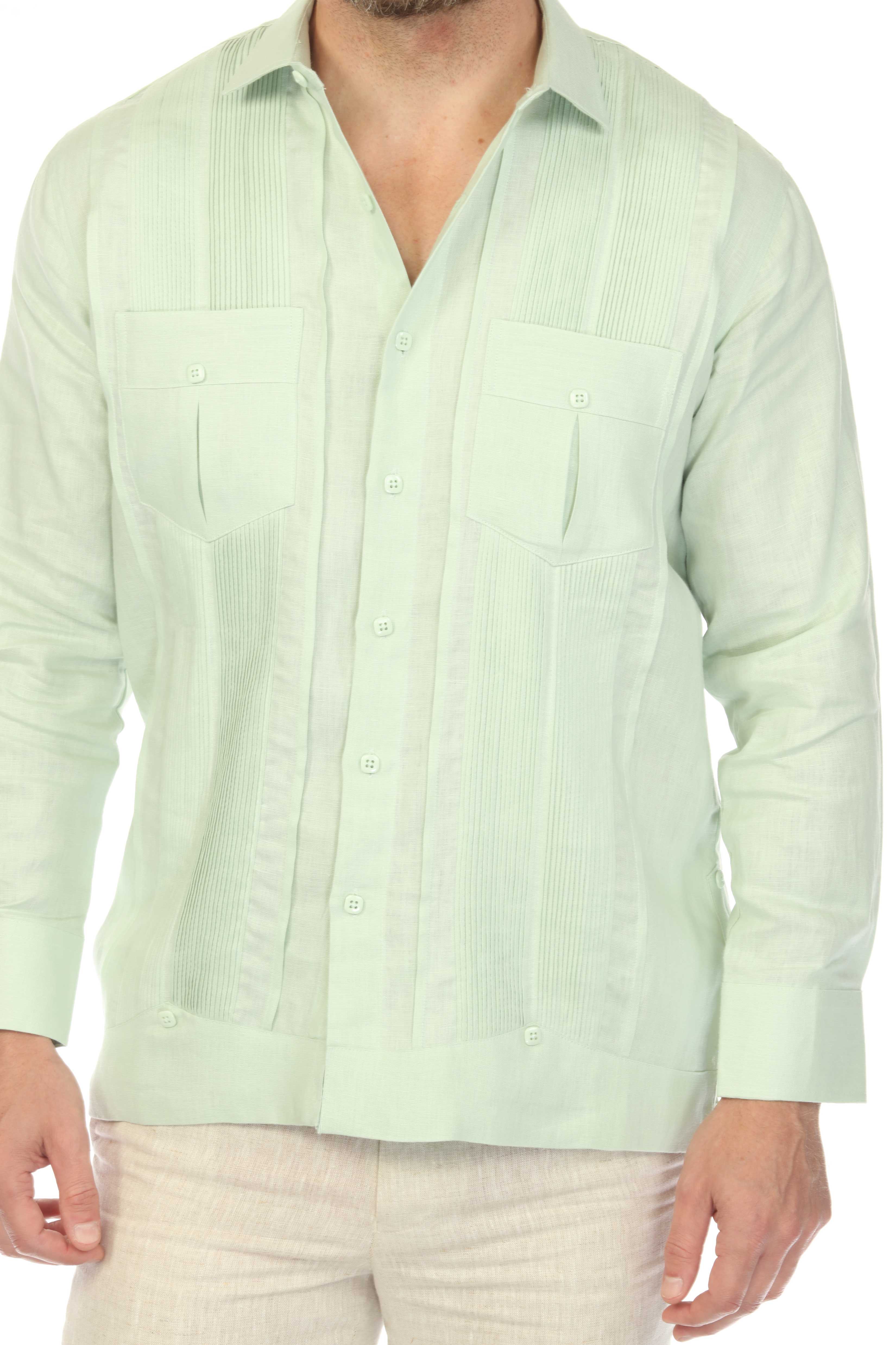 Men's 100% Linen Two Pocket Guayabera Shirt with Multi Pleating