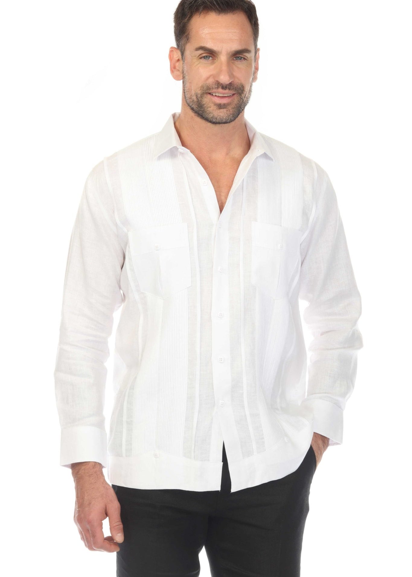 Men's 100% Linen Two Pocket Guayabera Shirt with Multi Pleating