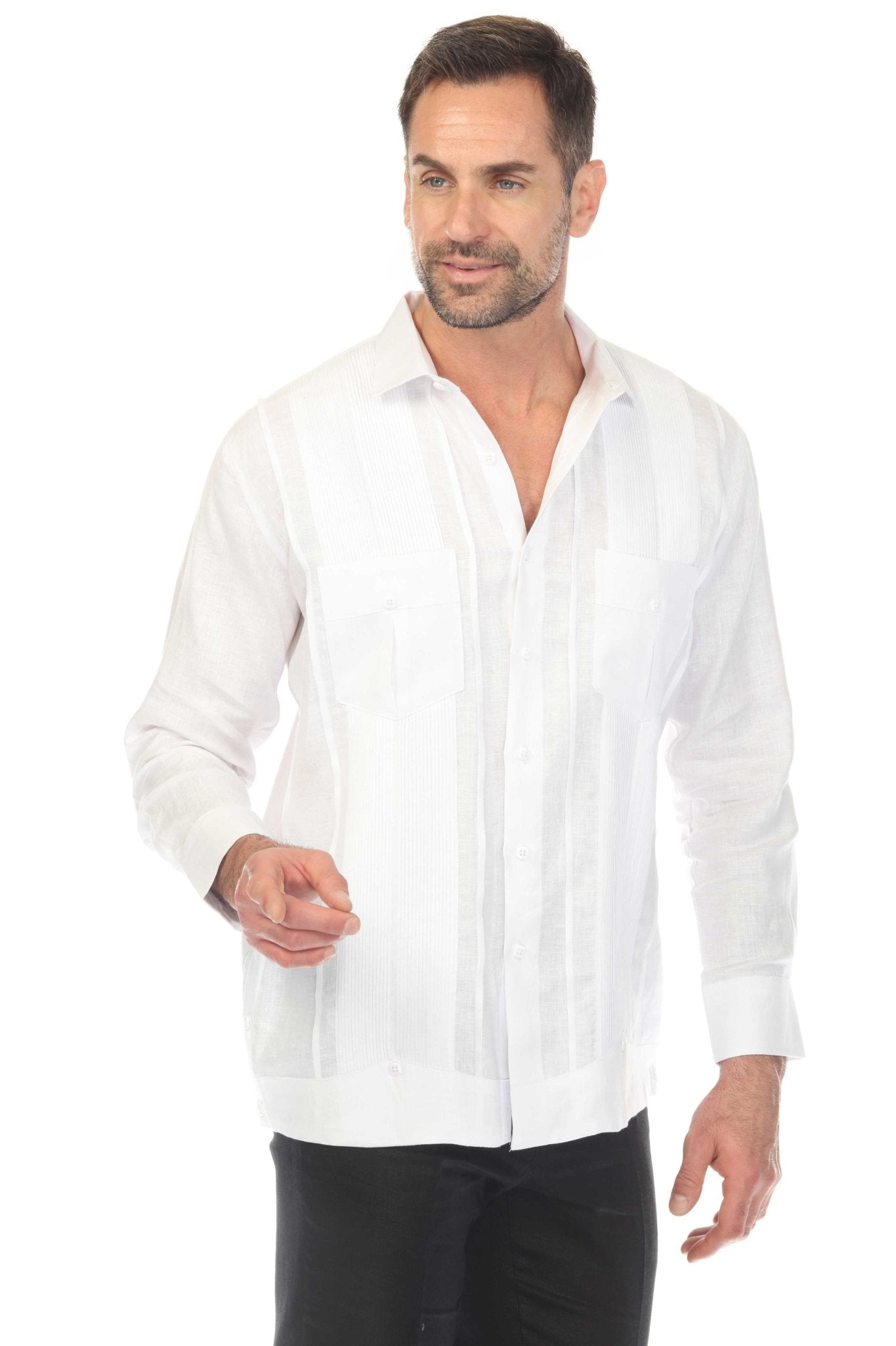 Men's 100% Linen Two Pocket Guayabera Shirt with Multi Pleating