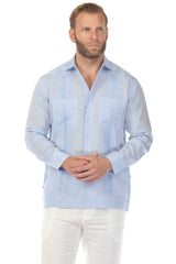 Camisa guayabera de lino 100 % para hombre, manga larga, con detalle estampado