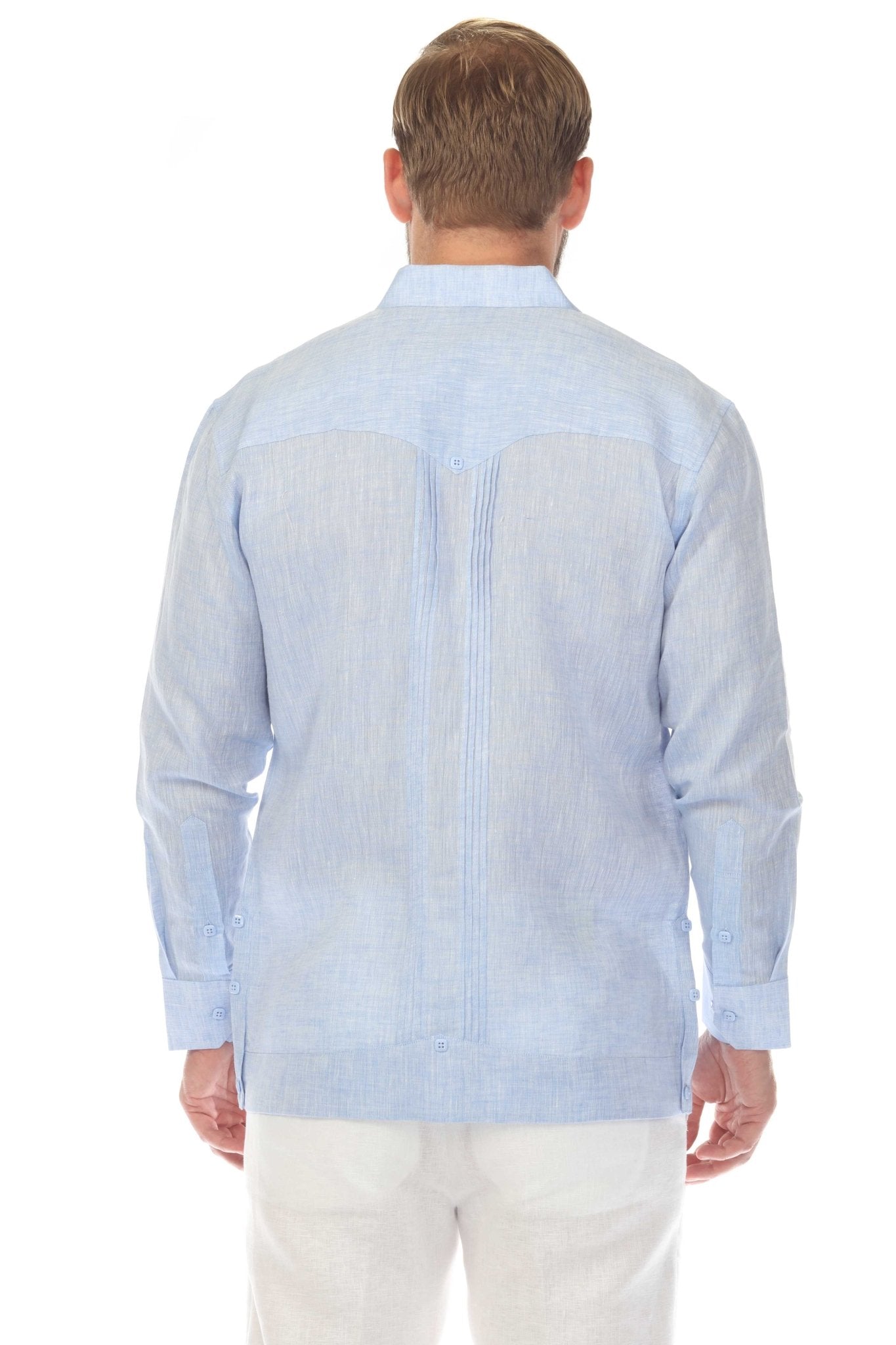 Camisa guayabera de lino 100 % para hombre, manga larga, con detalle estampado