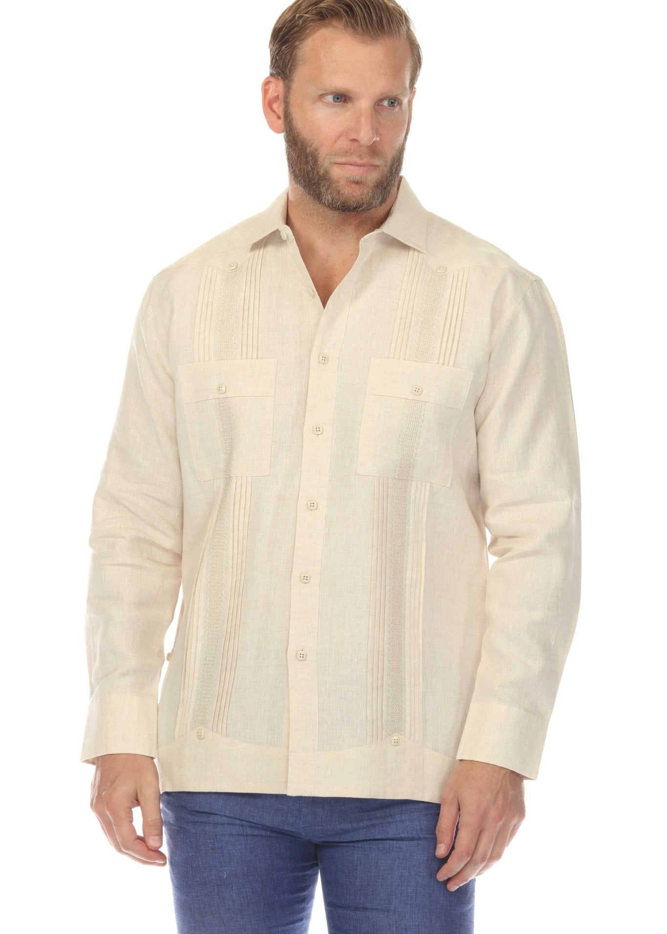 Men's 100% Linen Two Pocket Fancy Guayabera with Embedded Pleating