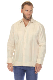 Camisa guayabera de lino 100 % para hombre, manga larga, con detalle estampado