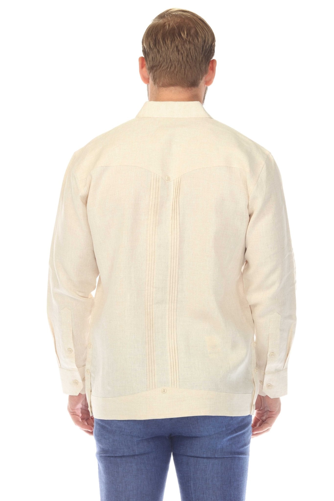 Camisa guayabera de lino 100 % para hombre, manga larga, con detalle estampado