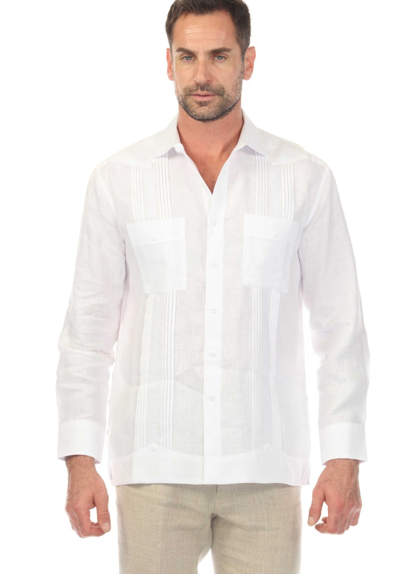 Men's 100% Linen Two Pocket Fancy Guayabera with Embedded Pleating