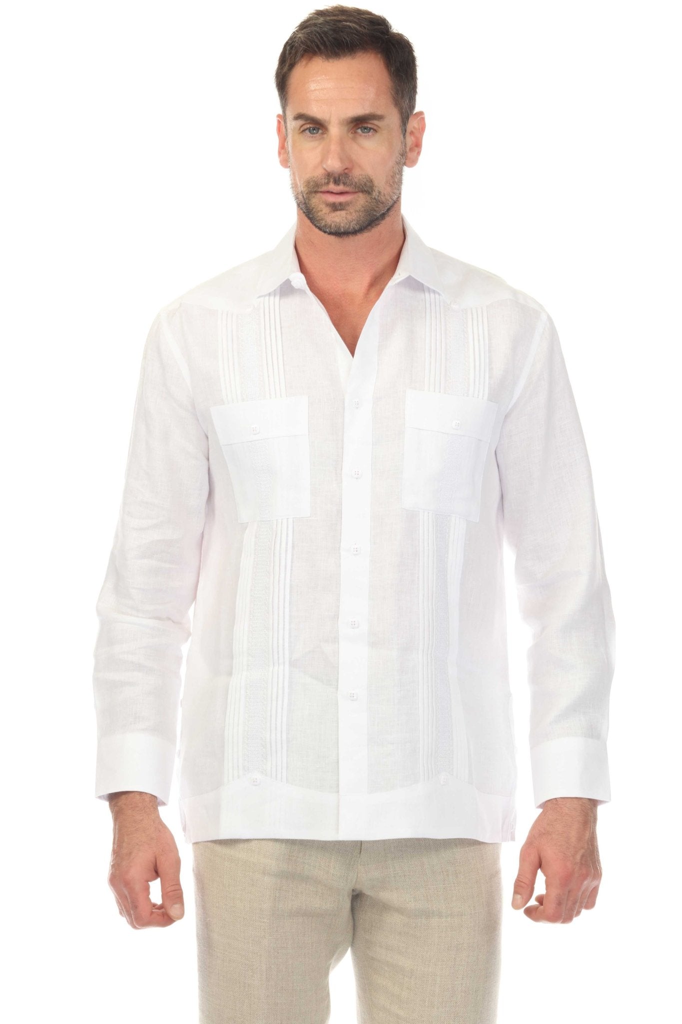 Camisa guayabera de lino 100 % para hombre, manga larga, con detalle estampado