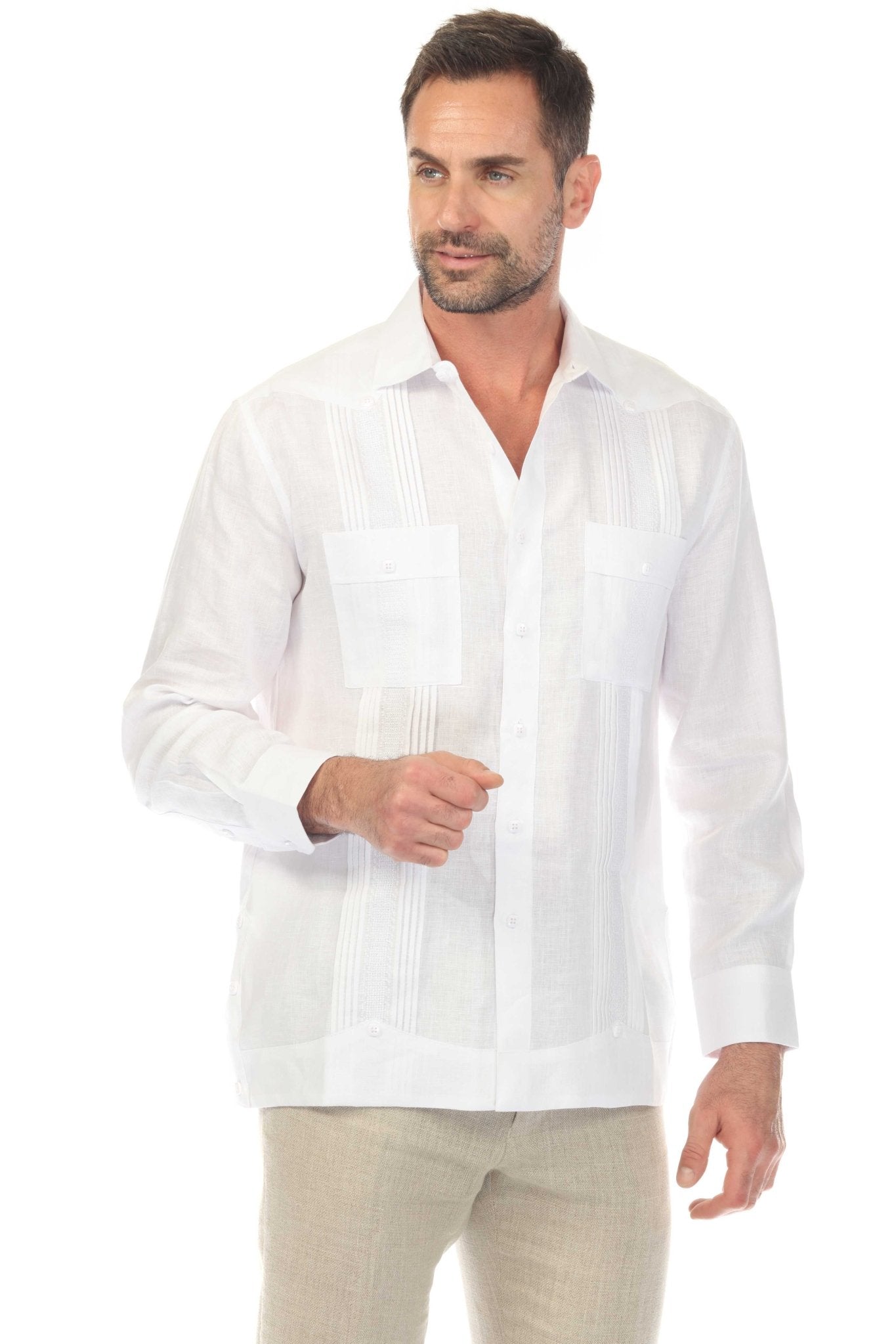 Camisa guayabera de lino 100 % para hombre, manga larga, con detalle estampado
