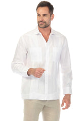 Camisa guayabera de lino 100 % para hombre, manga larga, con detalle estampado
