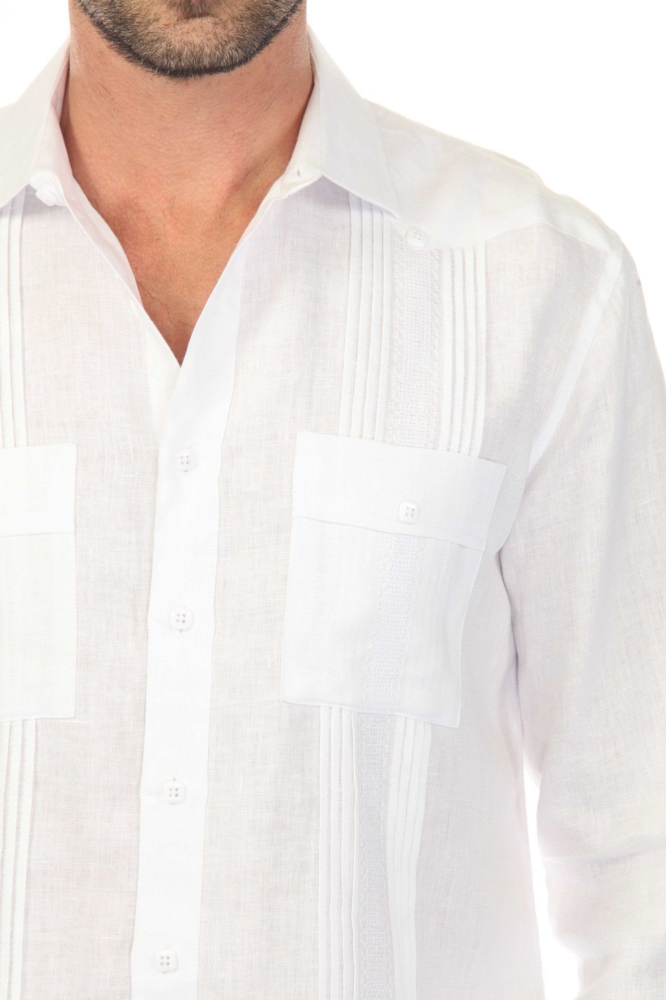 Camisa guayabera de lino 100 % para hombre, manga larga, con detalle estampado