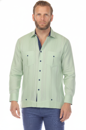 Men's 100% Linen Two Pocket Fancy Guayabera with Contrast Pockets