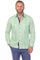 Front view of a man wearing the 100% Linen Contrast Panel Guayabera Shirt Long Sleeve in Green with blue trim.
