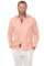 Front view of a man wearing the 100% Linen Contrast Panel Guayabera Shirt Long Sleeve in peach with blue trim.