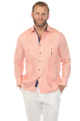 Camisa guayabera de lino 100 % para hombre, manga larga, con detalle estampado