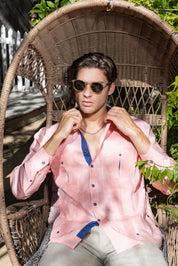 Men's 100% Linen Two Pocket Fancy Guayabera with Contrast Pockets