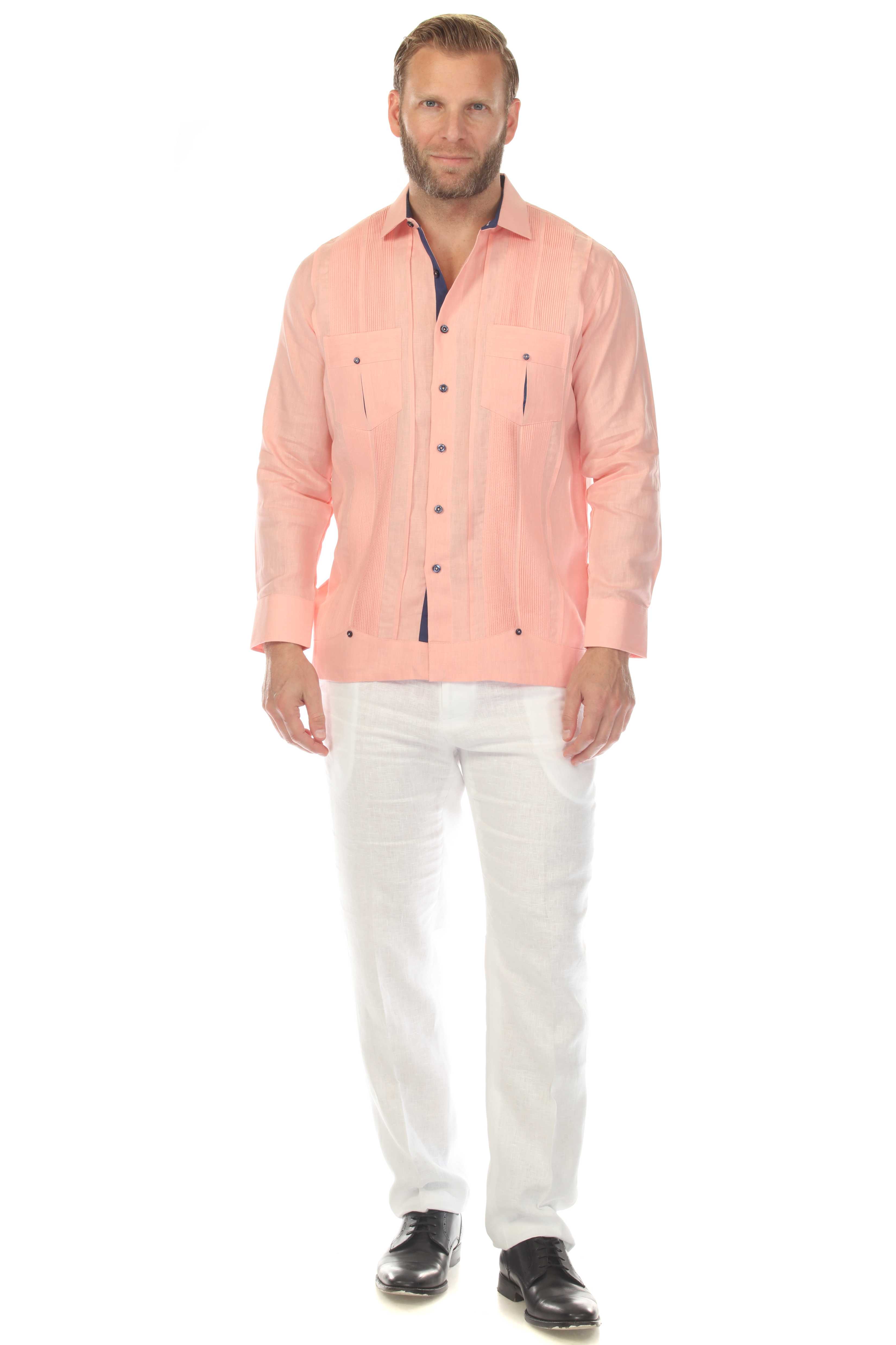Men's 100% Linen Two Pocket Fancy Guayabera with Contrast Pockets
