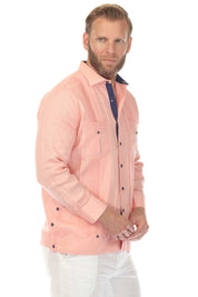 Men's 100% Linen Two Pocket Fancy Guayabera with Contrast Pockets
