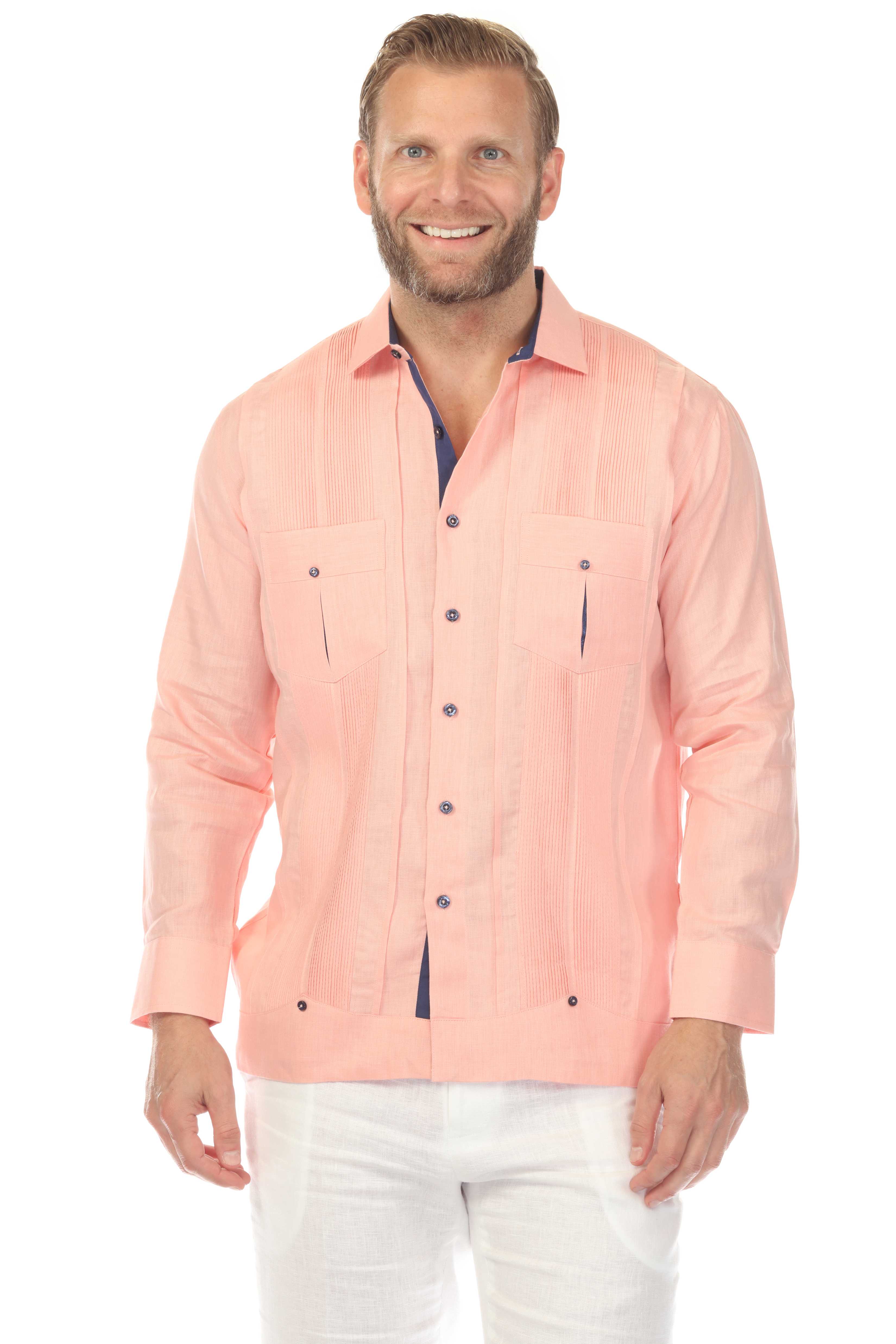 Men's 100% Linen Two Pocket Fancy Guayabera with Contrast Pockets