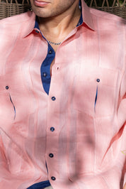 Men's 100% Linen Two Pocket Fancy Guayabera with Contrast Pockets