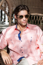 Men's 100% Linen Two Pocket Fancy Guayabera with Contrast Pockets