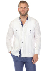 Camisa guayabera de lino 100 % para hombre, manga larga, con detalle estampado