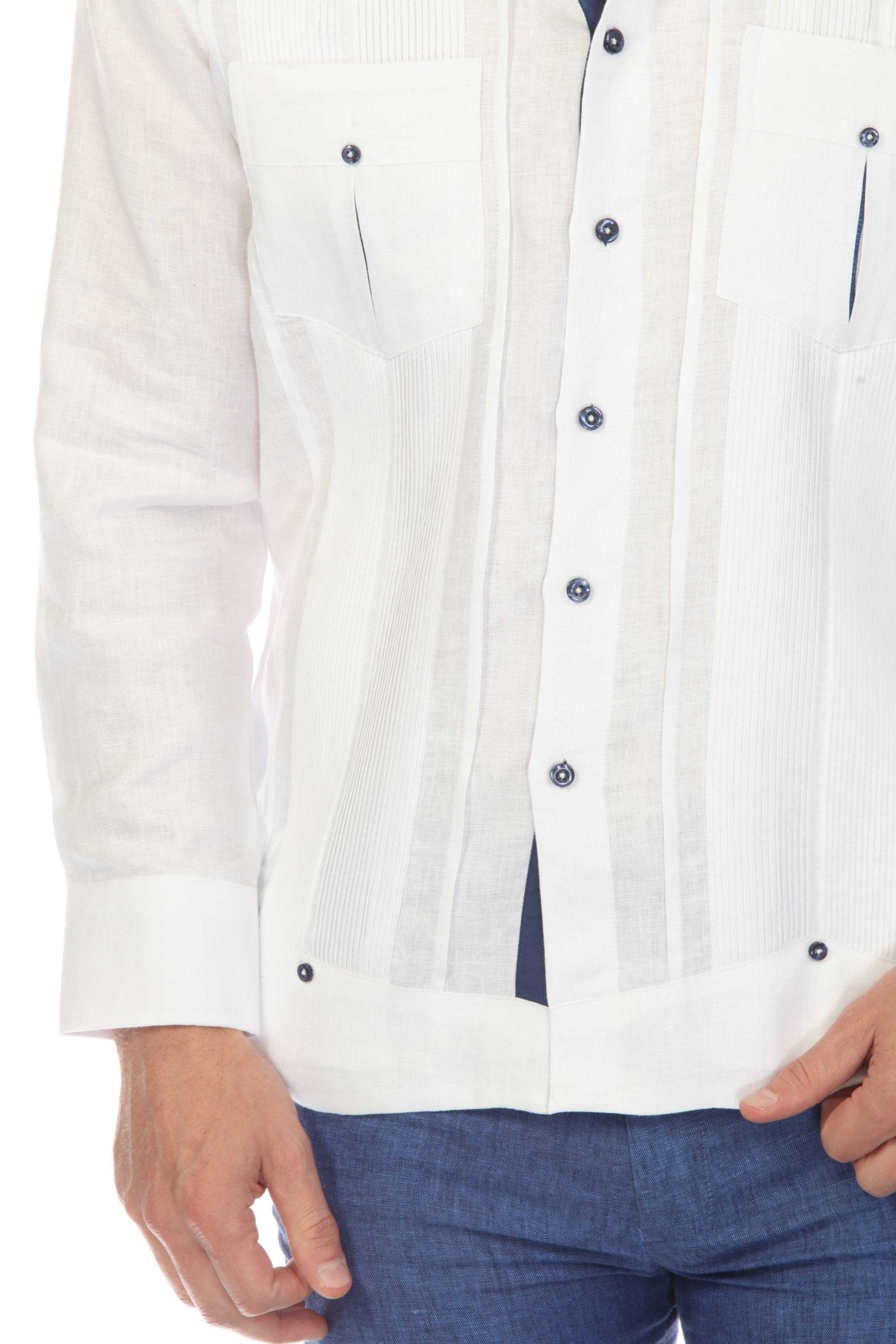 Close-up of the white 100% Linen Contrast Panel Guayabera Shirt Long Sleeve, showing pleats and button details.