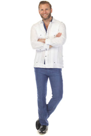 Men's 100% Linen Two Pocket Fancy Guayabera with Contrast Pockets