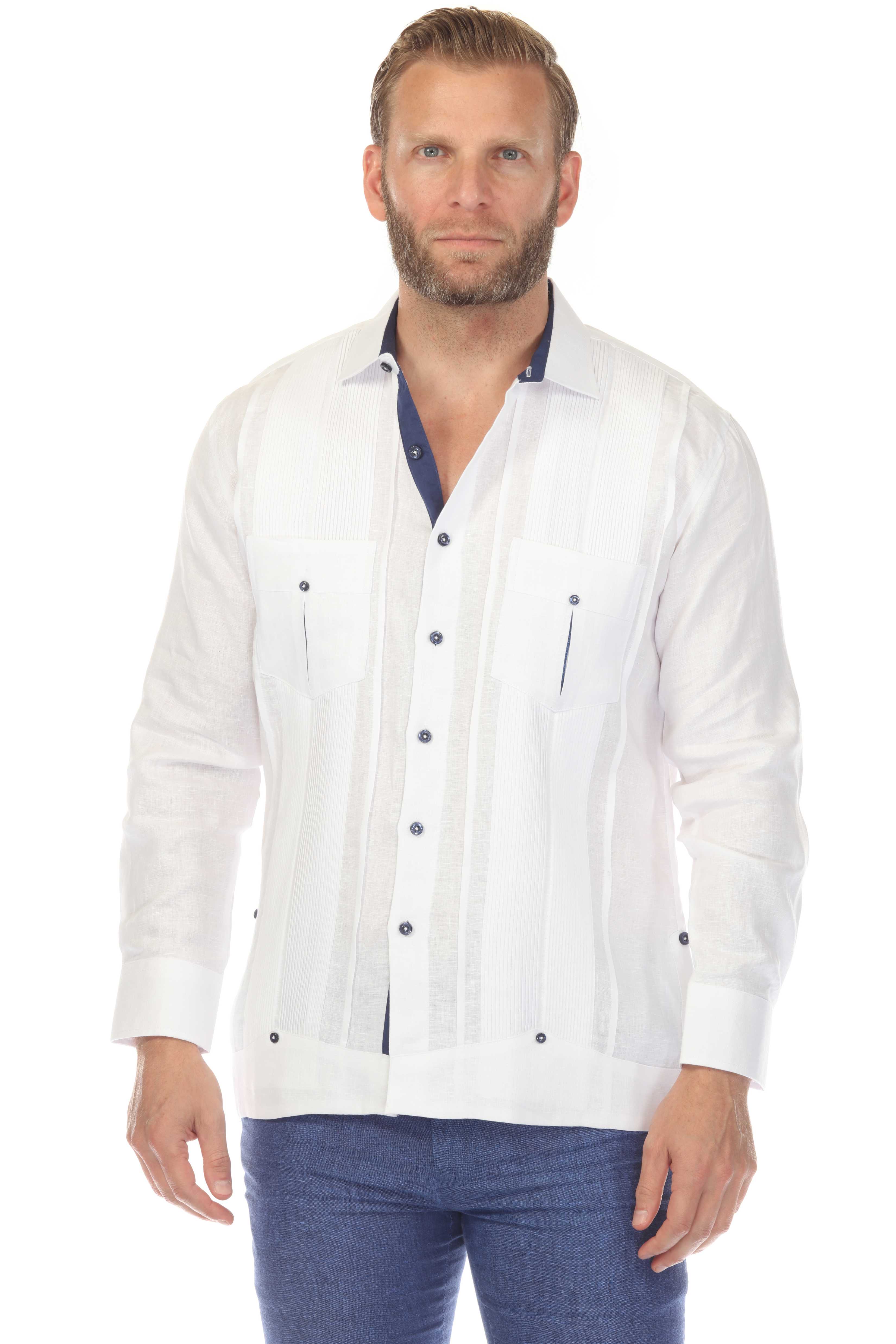 Men's 100% Linen Two Pocket Fancy Guayabera with Contrast Pockets