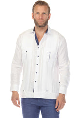 Men's 100% Linen Two Pocket Fancy Guayabera with Contrast Pockets