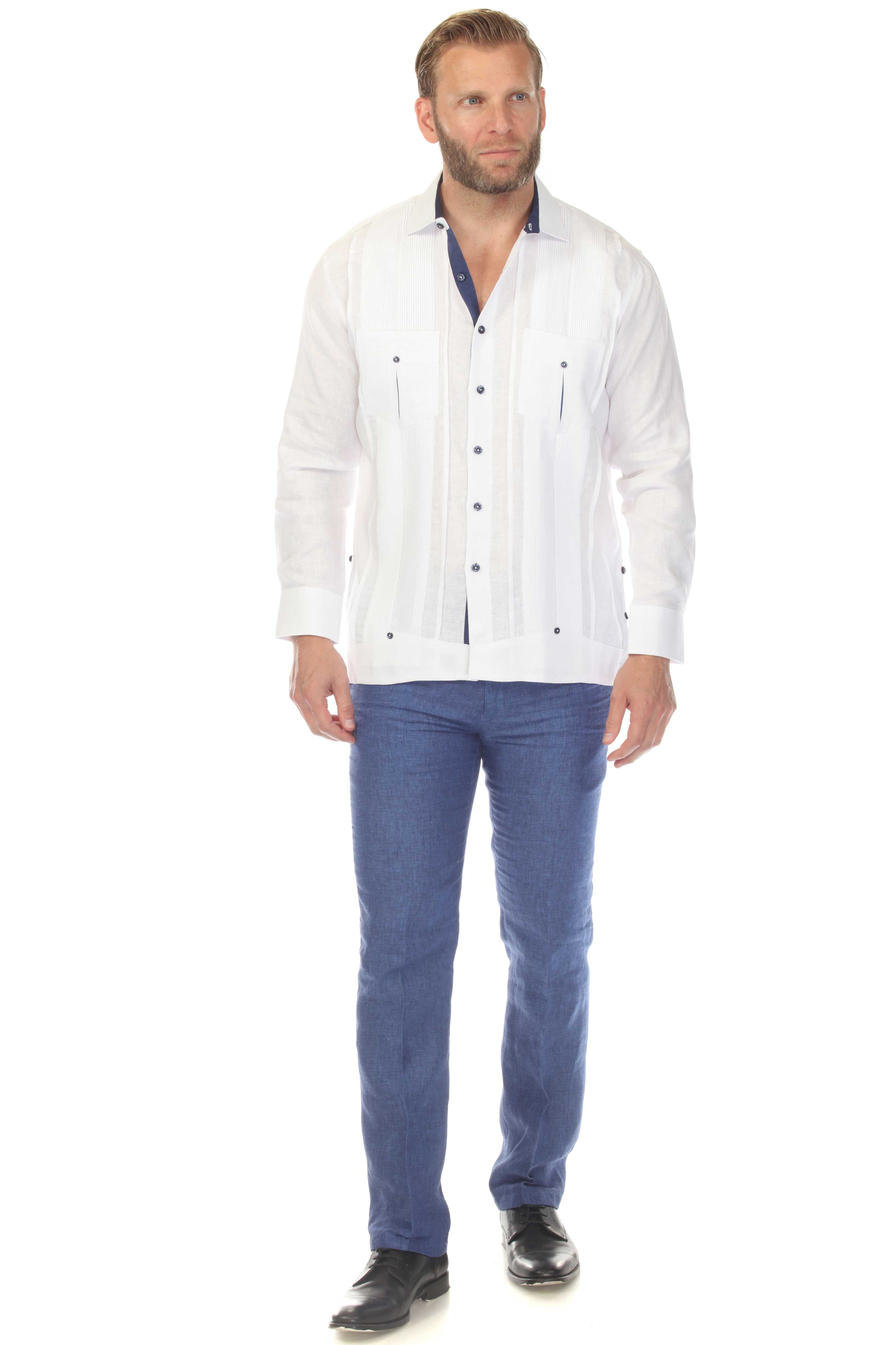 Men's 100% Linen Two Pocket Fancy Guayabera with Contrast Pockets