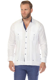 Men's 100% Linen Two Pocket Fancy Guayabera with Contrast Pockets
