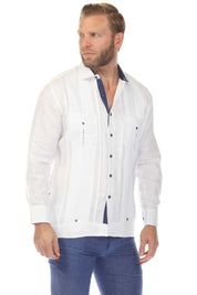Men's 100% Linen Two Pocket Fancy Guayabera with Contrast Pockets