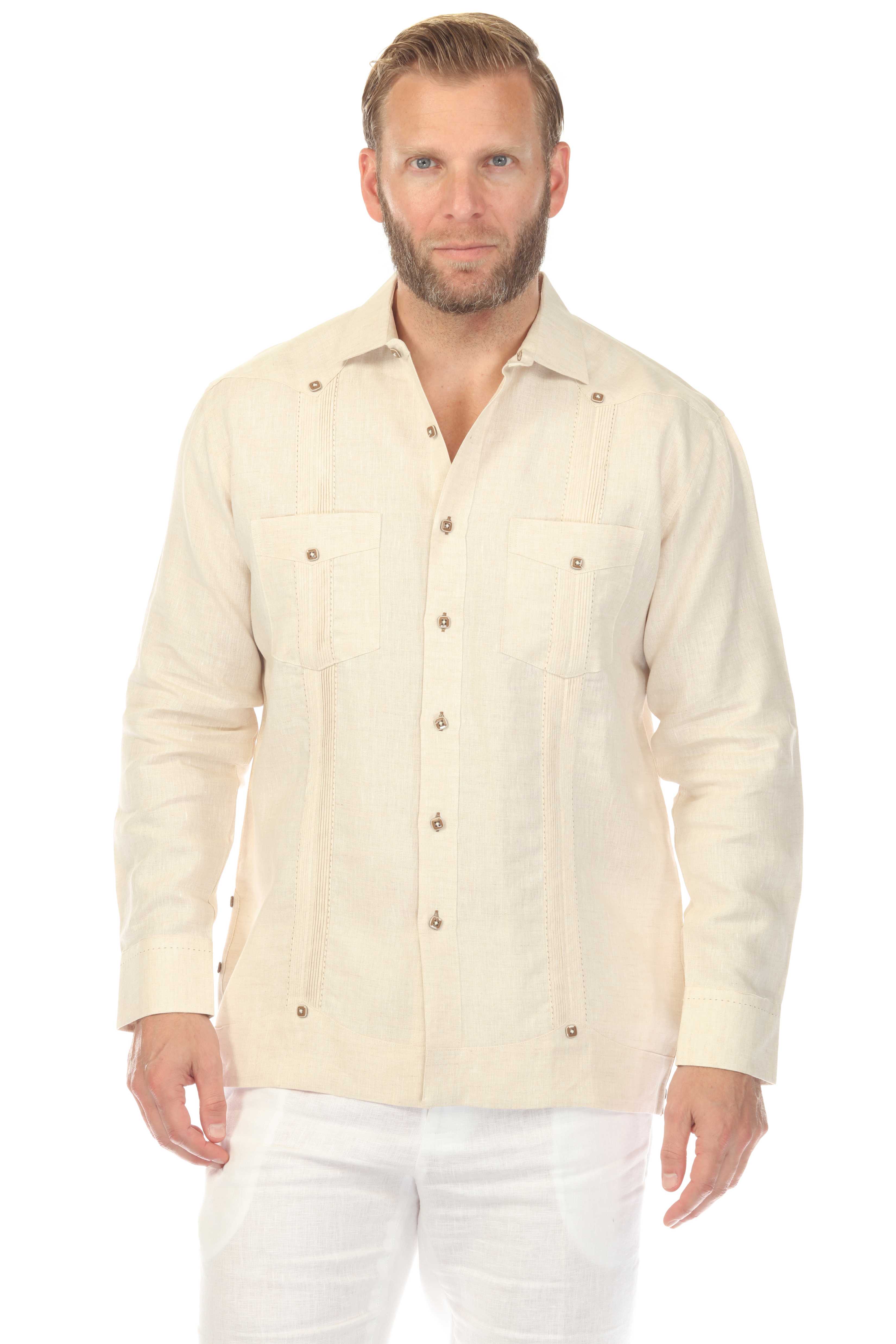 Men's 100% Linen Two Pocket Fancy Guayabera with Contrast Pick Stitch