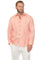 Man wears a salmon-colored 100% Linen Contrast Panel Guayabera Shirt Long Sleeve with white pants.