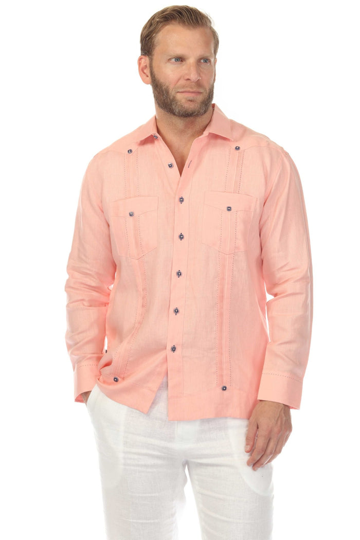 Front view of a man wearing the white 100% Linen Contrast Panel Guayabera Shirt, long sleeve.