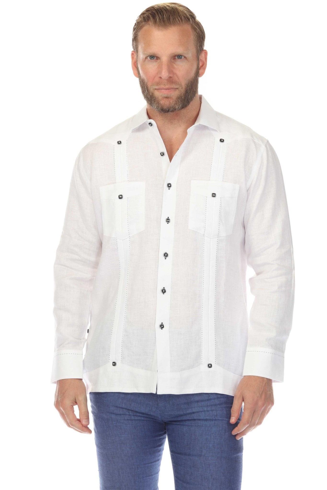Front view of a man wearing the white 100% Linen Contrast Panel Guayabera Shirt, long sleeve.