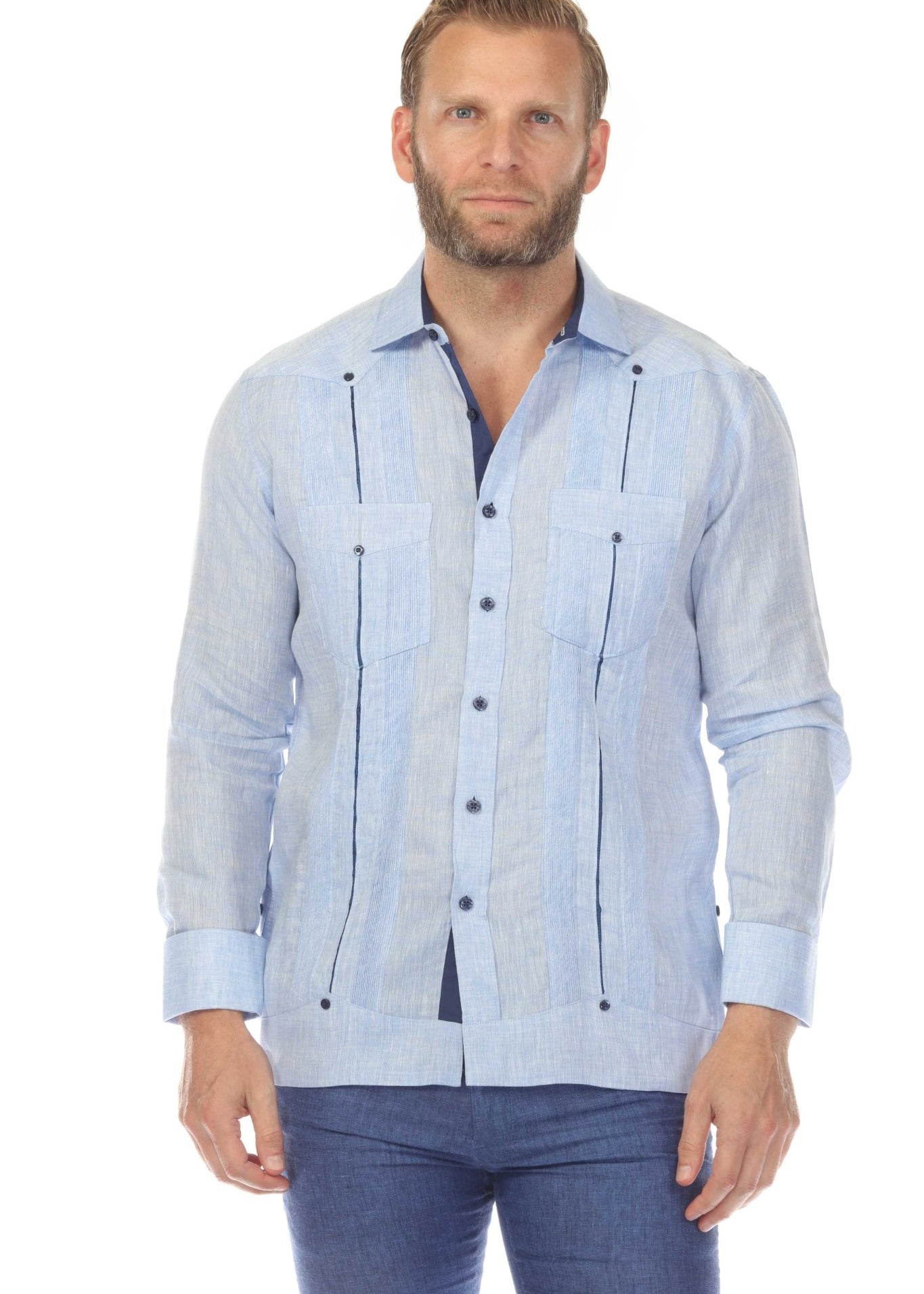 Front view of a light blue Men's 100% Linen Two Pocket Guayabera with dark taping.