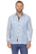 Front view of a man wearing a light blue 100% Linen Contrast Panel Guayabera Shirt Long Sleeve with dark blue contrast details.