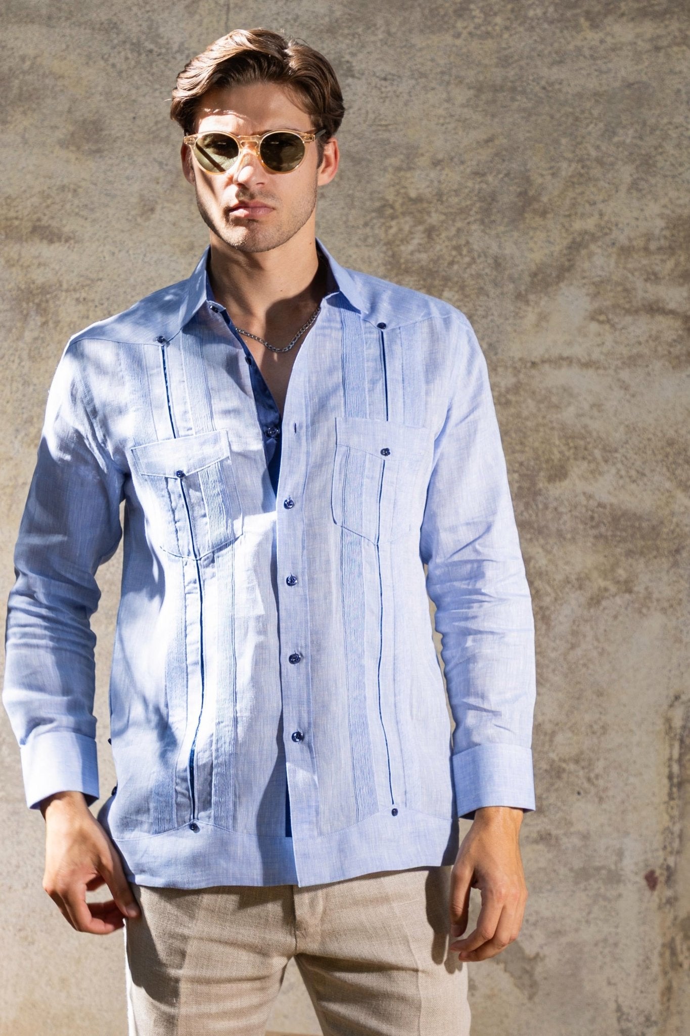 Men's 100% Linen Two Pocket Guayabera with Contrast Satin Taping & French Cuff