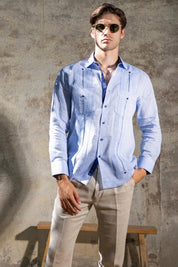 Men's 100% Linen Two Pocket Guayabera with Contrast Satin Taping & French Cuff