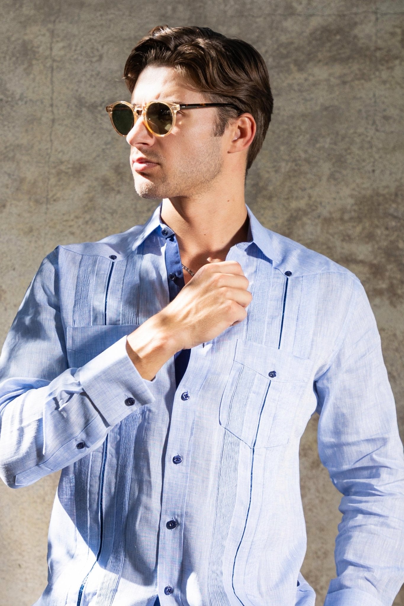 Men's 100% Linen Two Pocket Guayabera with Contrast Satin Taping & French Cuff