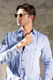 Men's 100% Linen Two Pocket Guayabera with Contrast Satin Taping & French Cuff