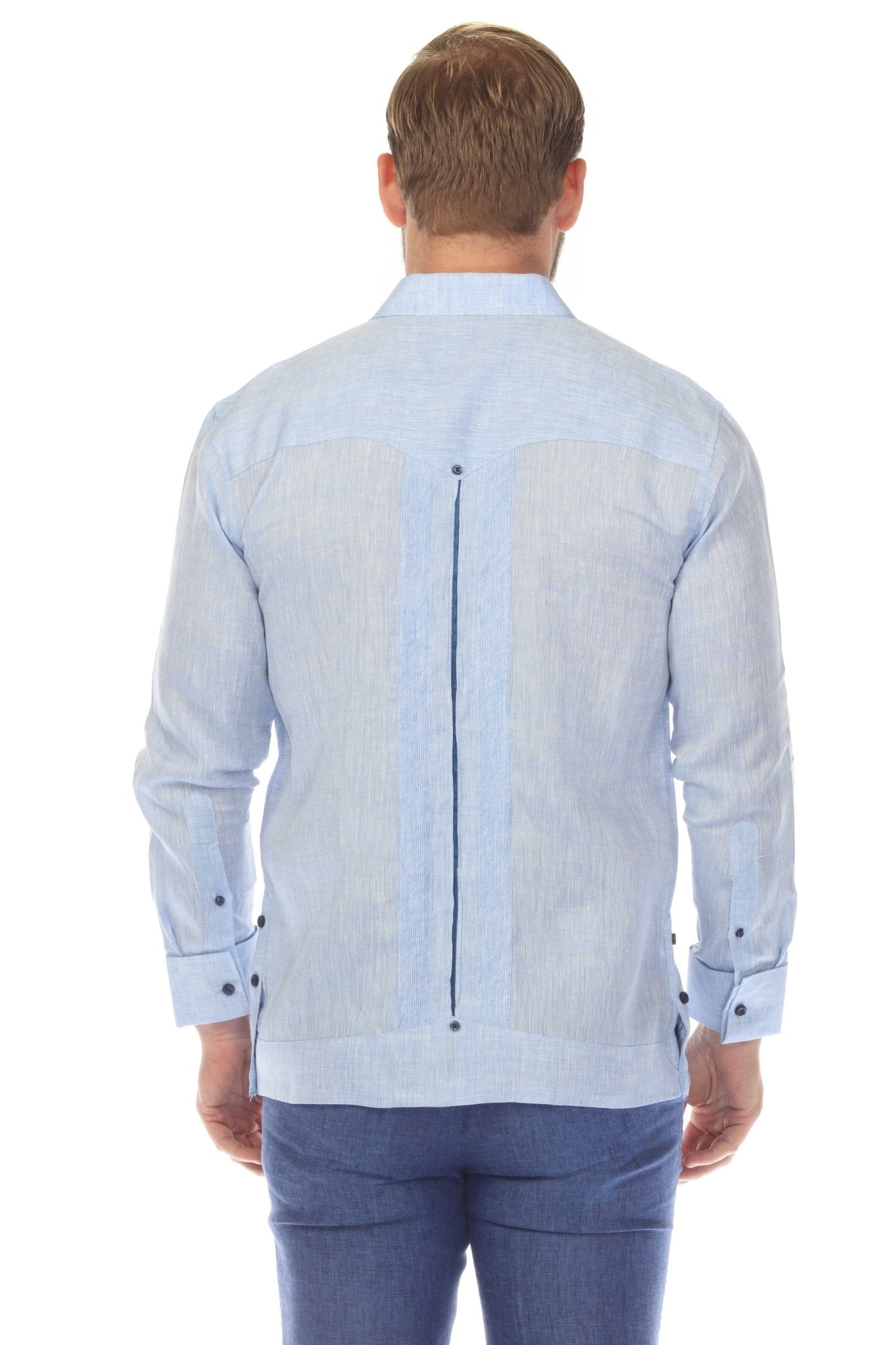 Back view of a light blue 100% Linen Contrast Panel Guayabera Shirt with long sleeves, showing a contrasting dark blue panel.