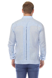 Back view of a light blue 100% Linen Contrast Panel Guayabera Shirt with long sleeves, showing a contrasting dark blue panel.