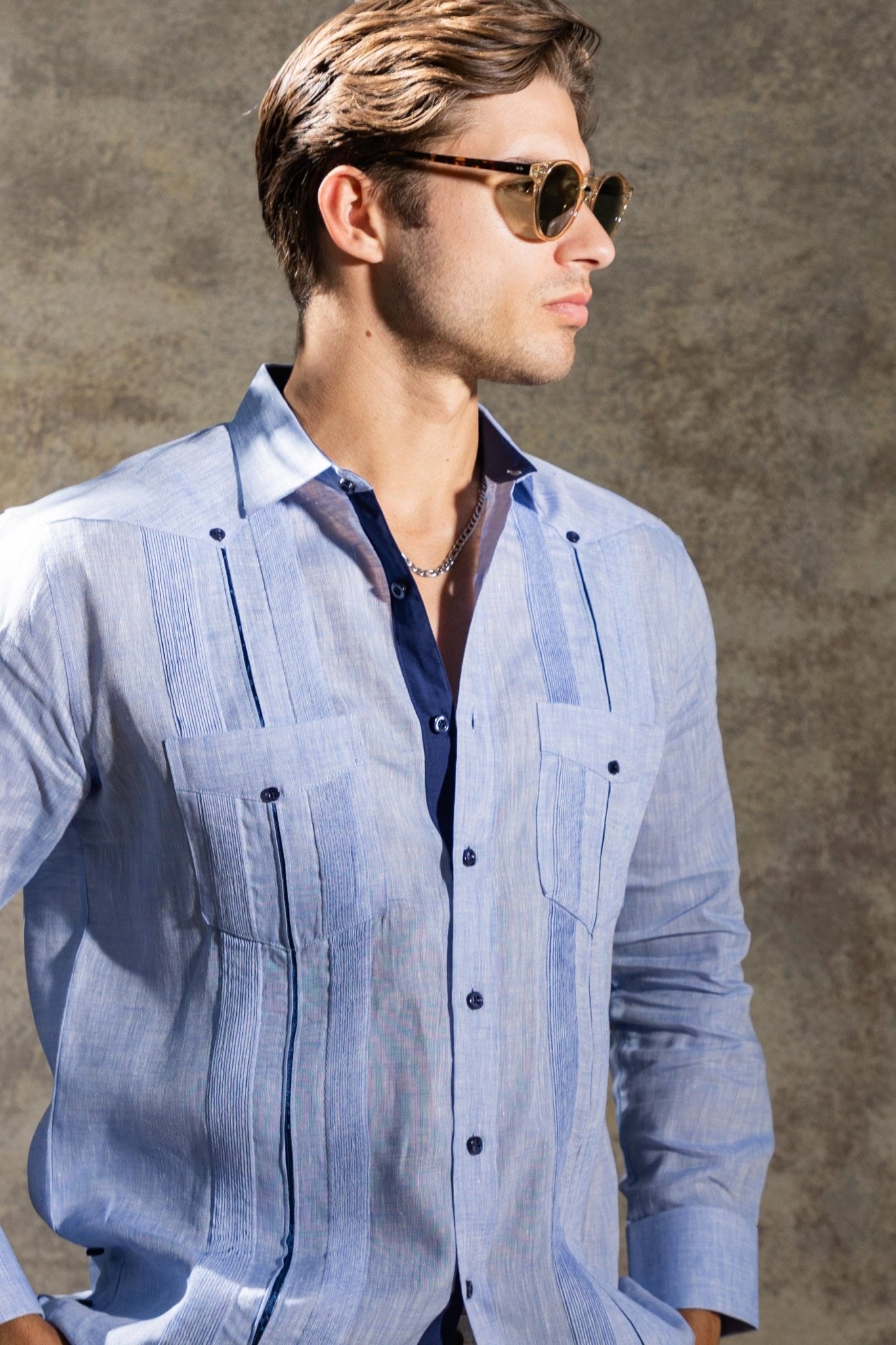 Men's 100% Linen Two Pocket Guayabera with Contrast Satin Taping & French Cuff