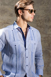 Men's 100% Linen Two Pocket Guayabera with Contrast Satin Taping & French Cuff