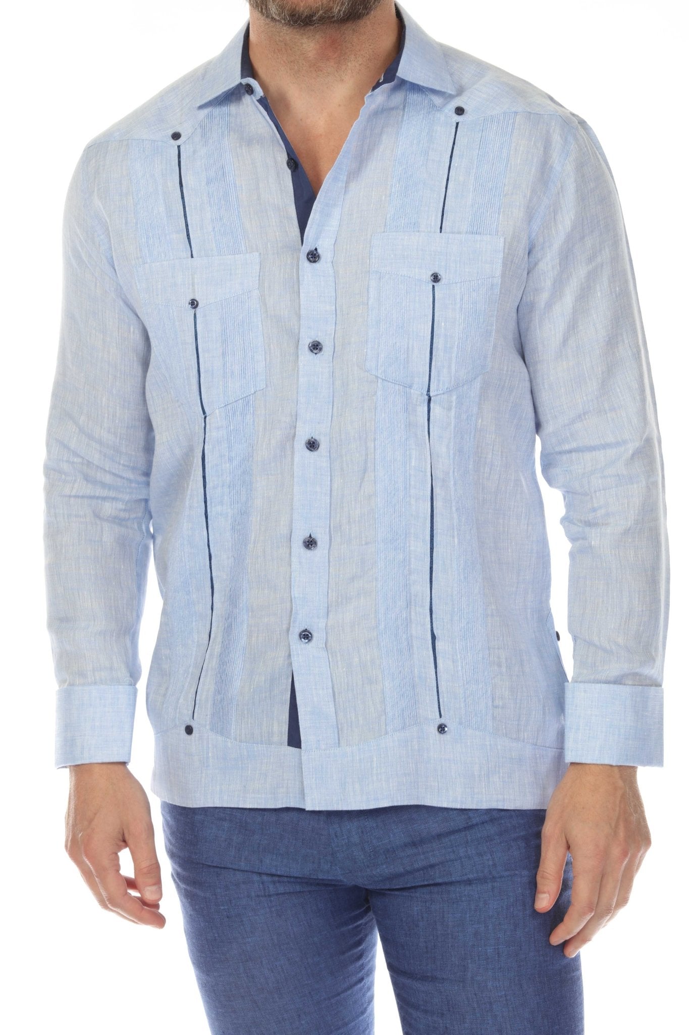 Front view of a man wearing a blue 100% Linen Contrast Panel Guayabera Shirt Long Sleeve with dark vertical line details.