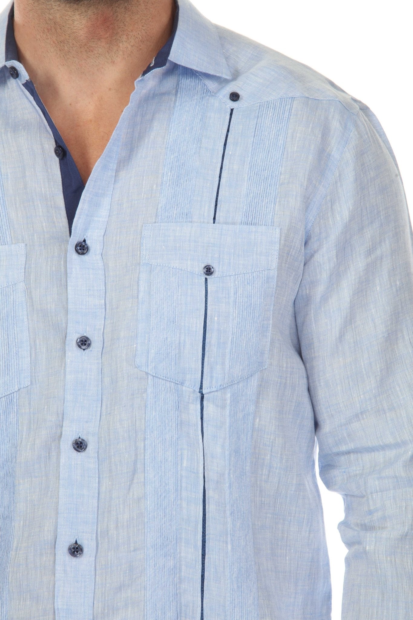 Men's 100% Linen Two Pocket Guayabera with Contrast Satin Taping & French Cuff