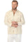 Front view of a man wearing the 100% Linen Contrast Panel Guayabera Shirt, long sleeve, in a light beige color with brown accents.