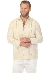 men's beige dress shirt Men's 100% Linen Guayabera Satin Taping French Cuff Long Sleeve X-Large / WHITE-BLACK