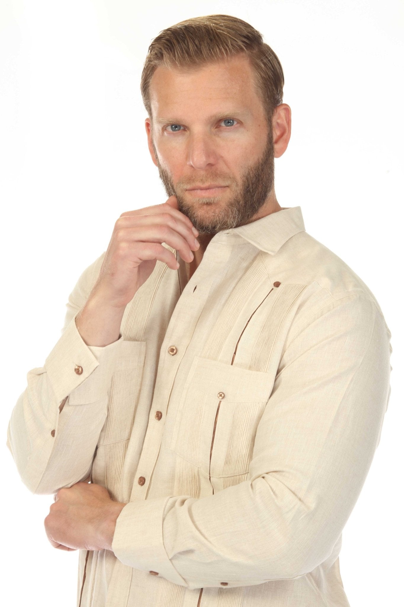 Men's 100% Linen Two Pocket Guayabera with Contrast Satin Taping & French Cuff